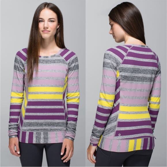 LULULEMON Race Your Pace Long Sleeve Top Gray Purple Yellow Stripe Size 6 - Picture 1 of 7
